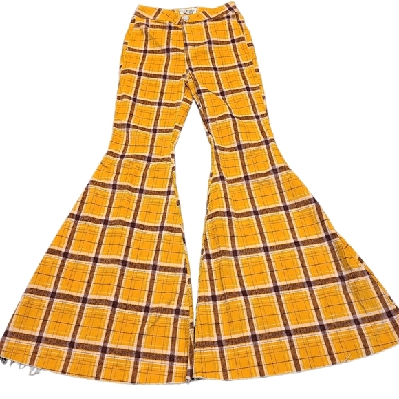 Free People Just Float On Mustard Plaid Wide Leg Flare Bell Corduroy Pants 26 - Picture 6 of 16